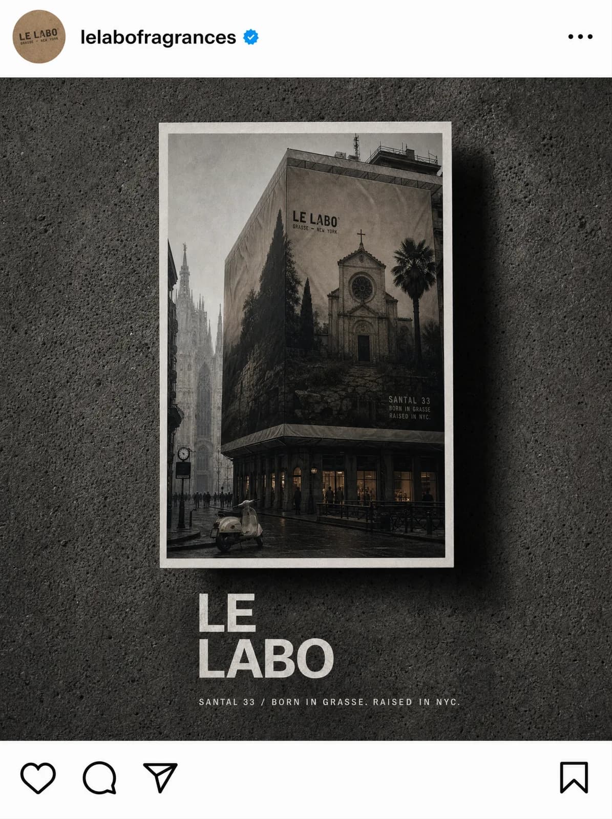A cardamom-green textured building facade for the Santal 33 campaign.