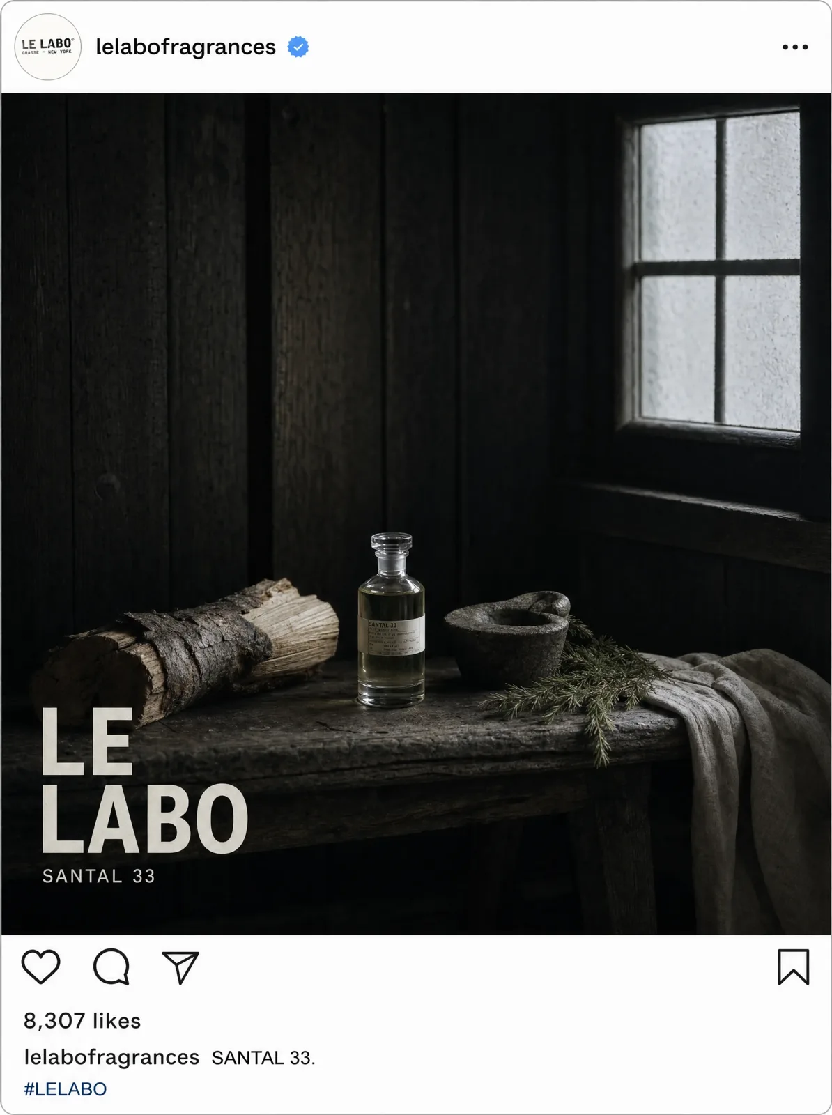 The Le Labo Santal 33 bottle shown in cross-section with the ingredients inside.