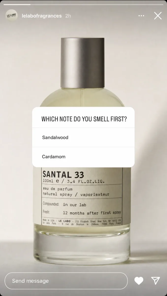 Santal 33 poll story card.