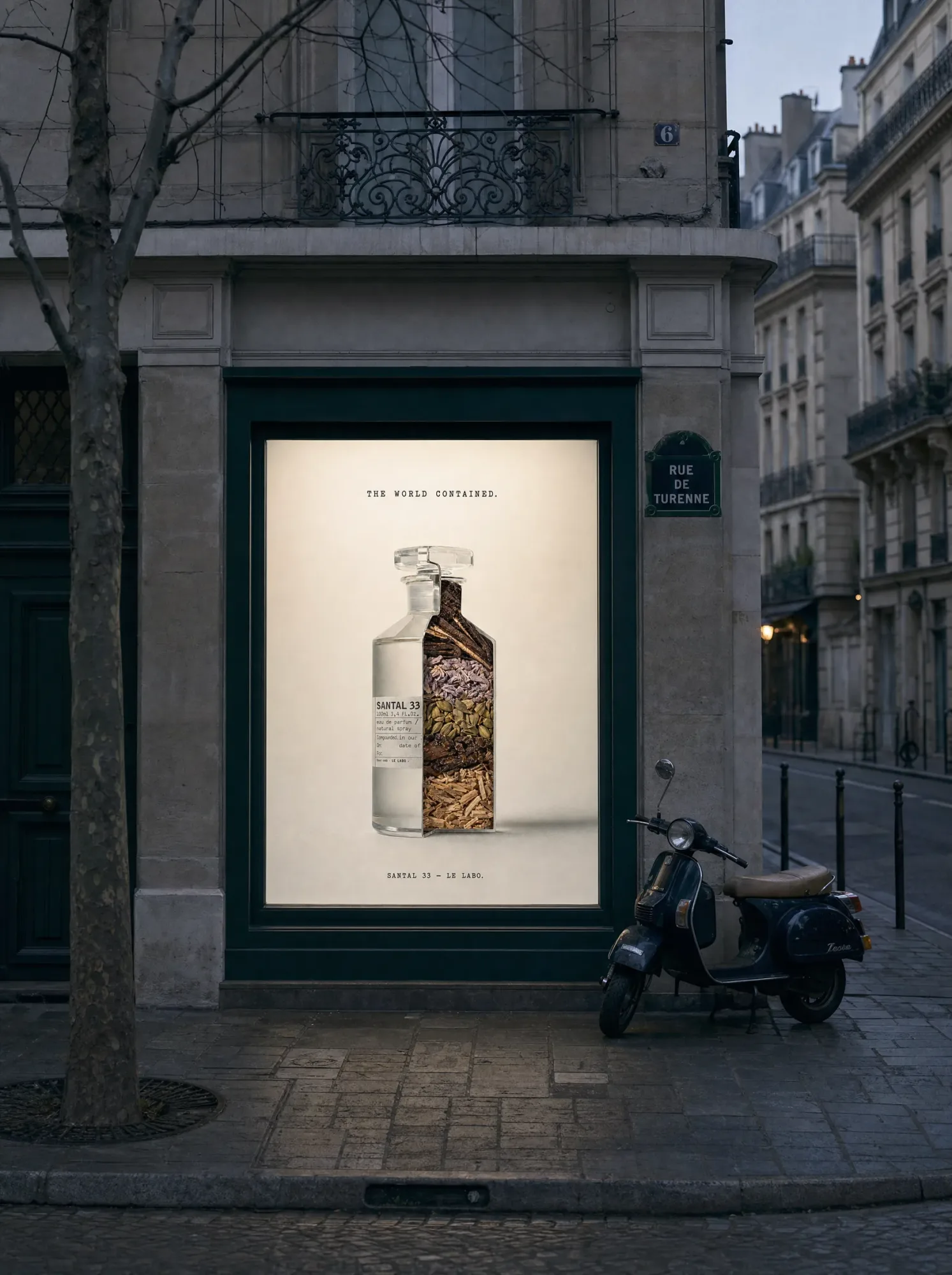 Le Labo Santal 33 building wrap on a Milan facade in Brera.