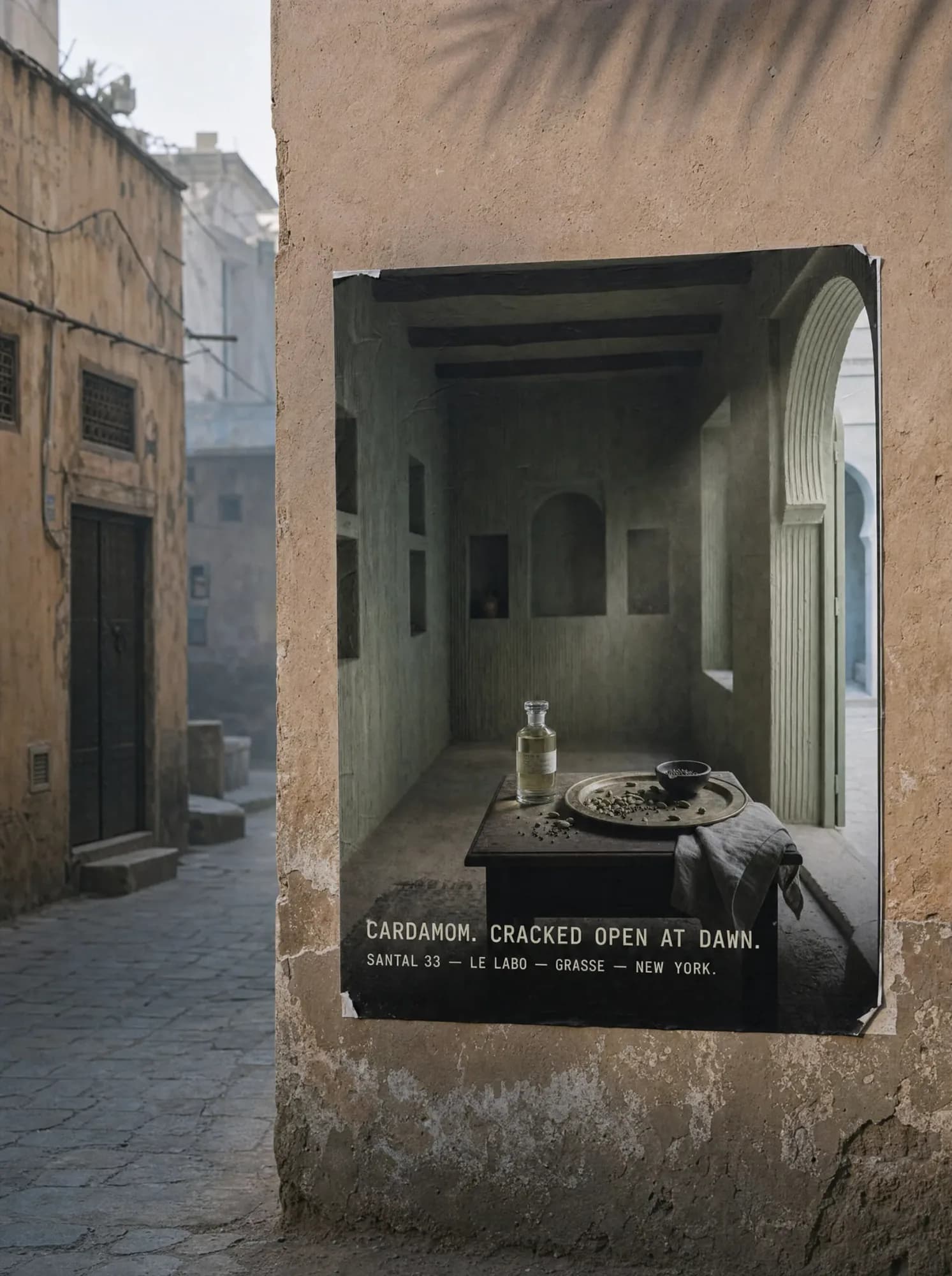 Wheatpasted Le Labo Santal 33 poster on a wall in the Marrakech medina.
