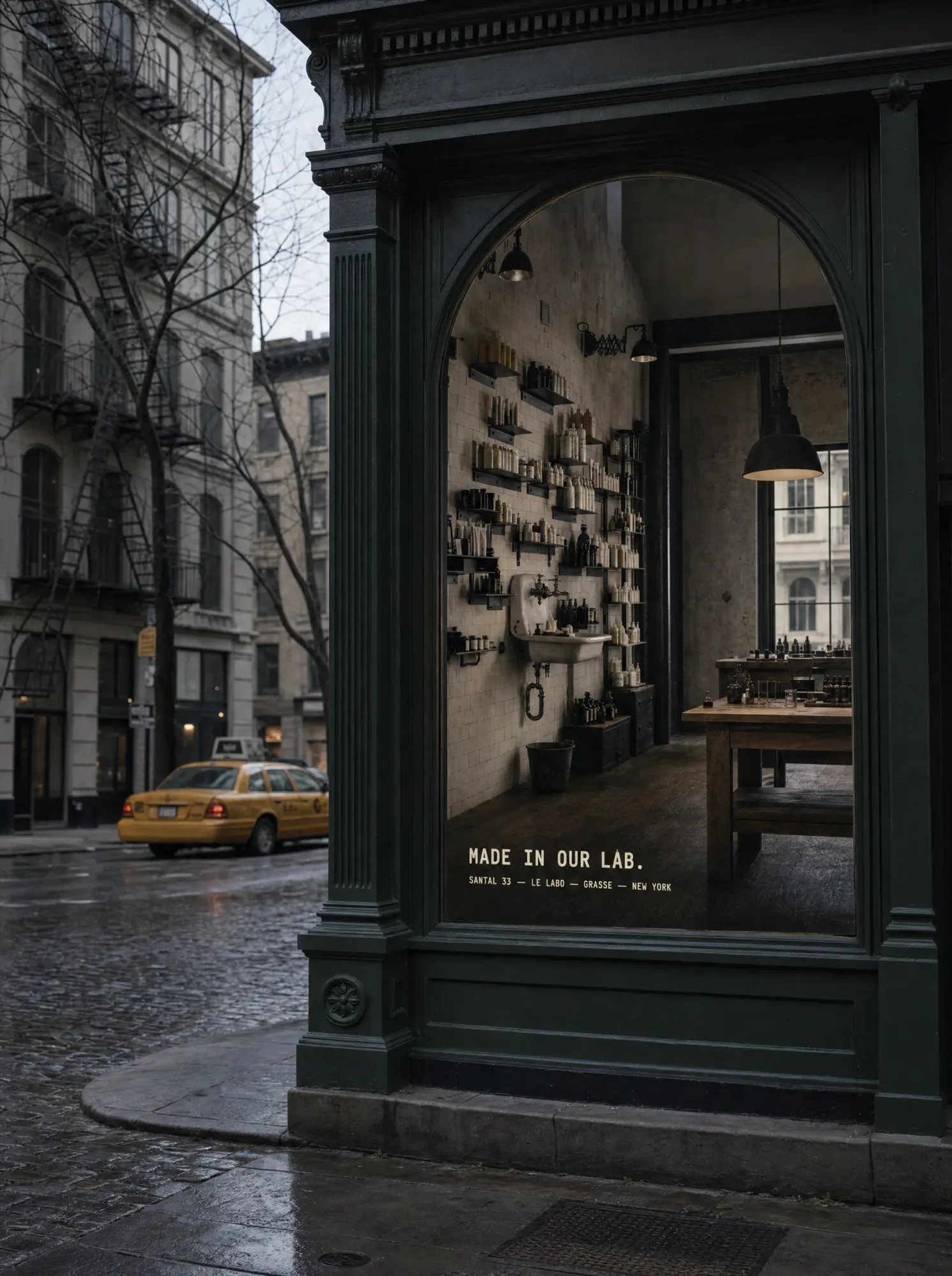Le Labo Santal 33 backlit storefront window in New York Soho.