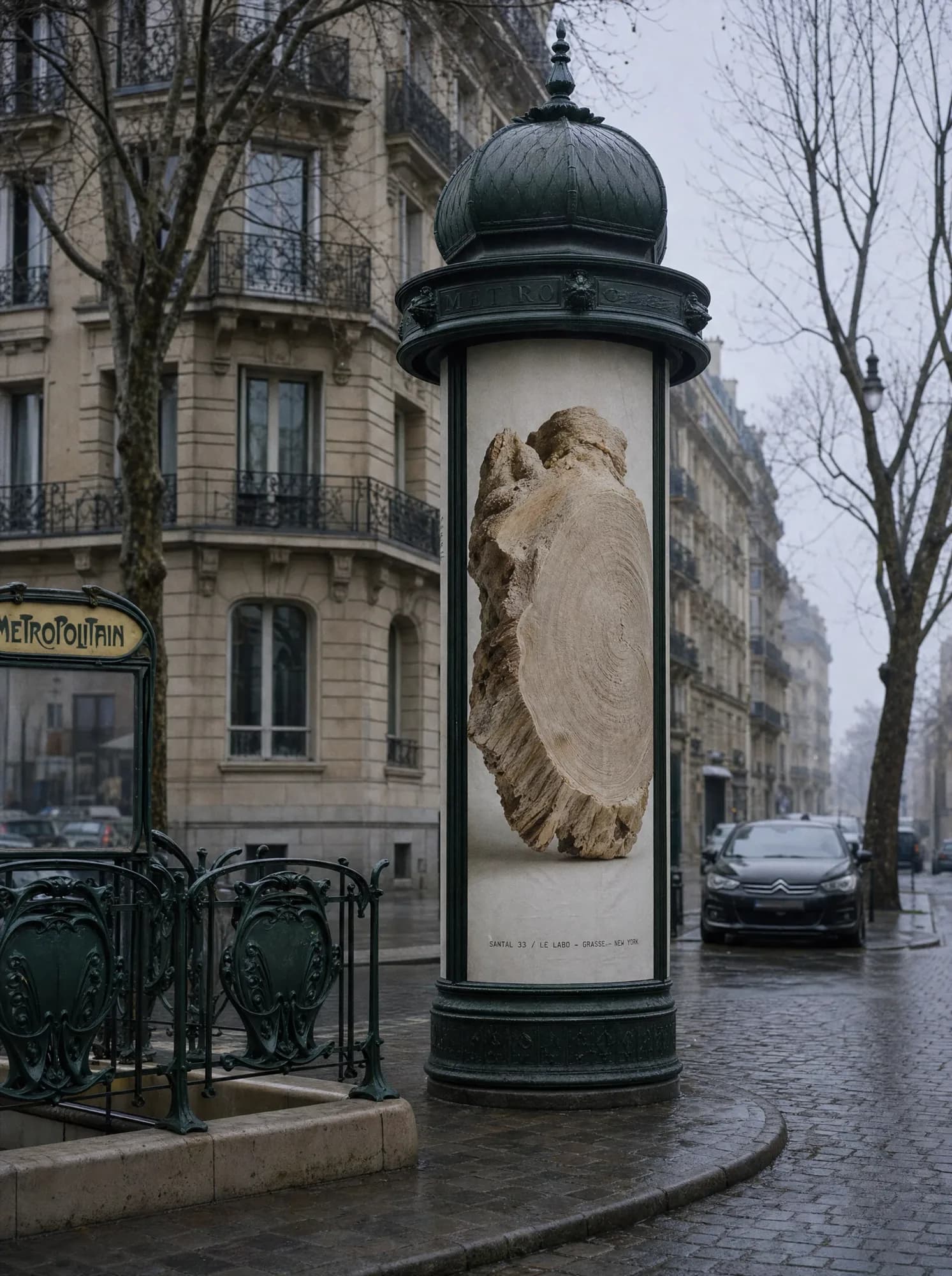Le Labo Santal 33 advertising column by a Paris Metro entrance in Saint-Germain.