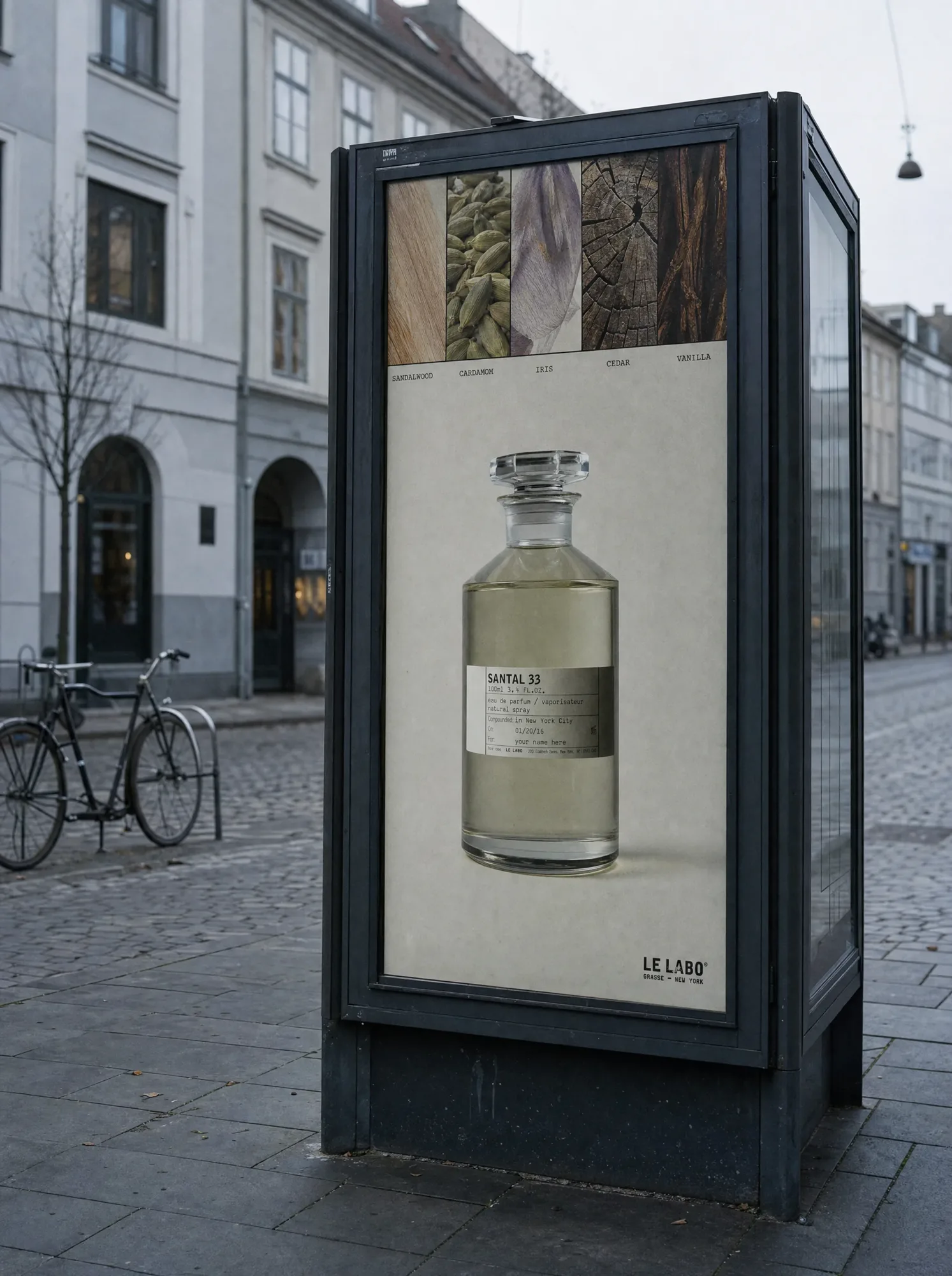 Le Labo Santal 33 backlit transit poster in Copenhagen Vesterbro.