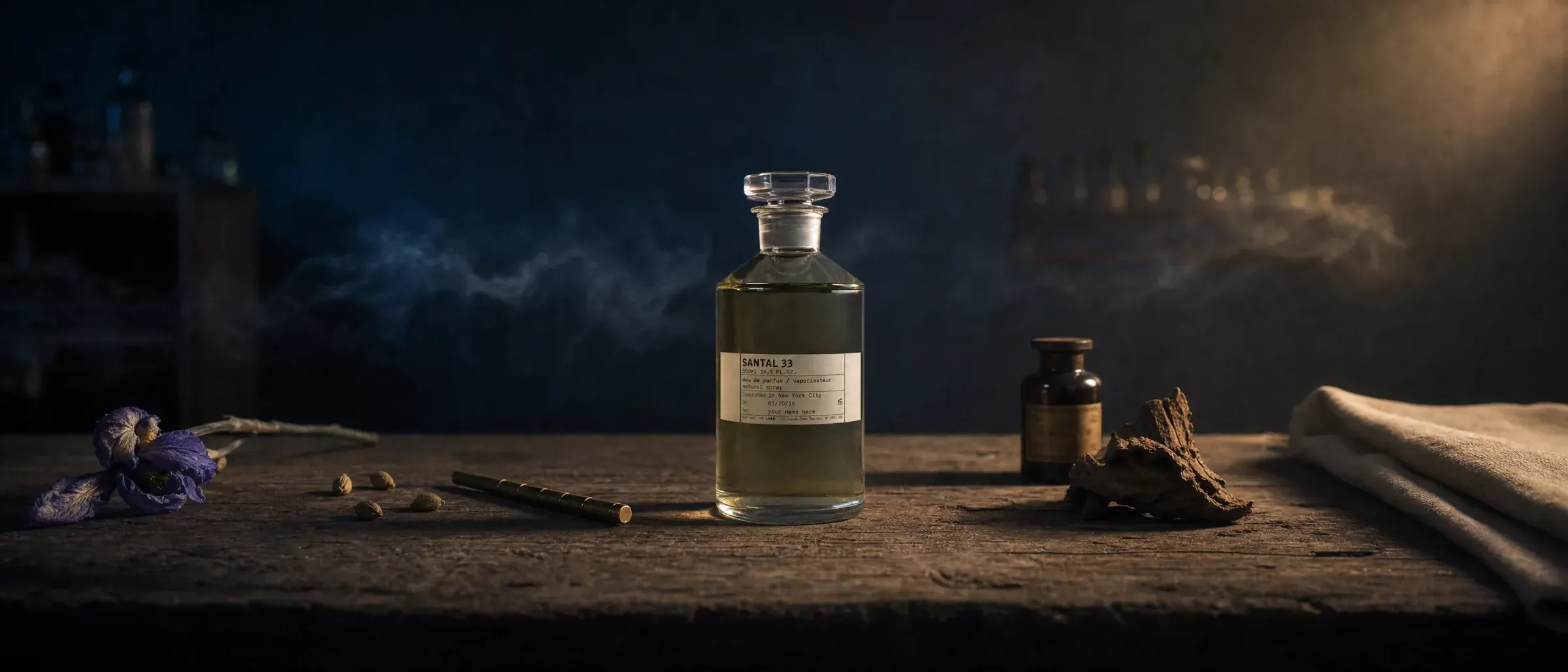 Le Labo Santal 33 bottle on a stone ledge in a Moroccan courtyard.