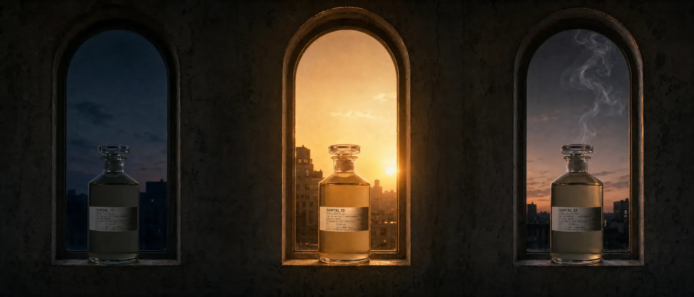 Le Labo Santal 33 bottle in a sunlit Tokyo interior with arched windows.